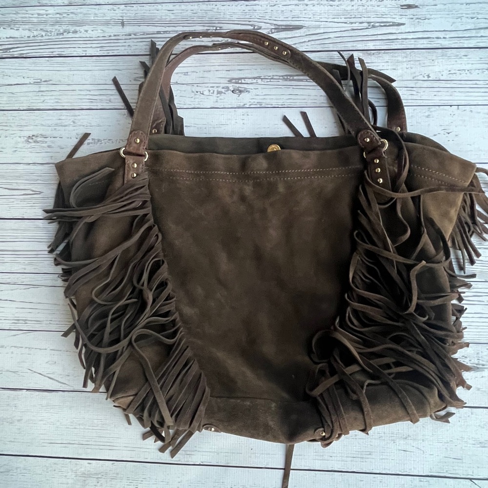 Gap Brown Suede Fringe Hobo Tote Bag Purse Studded Boho Retro Cowgirl Western